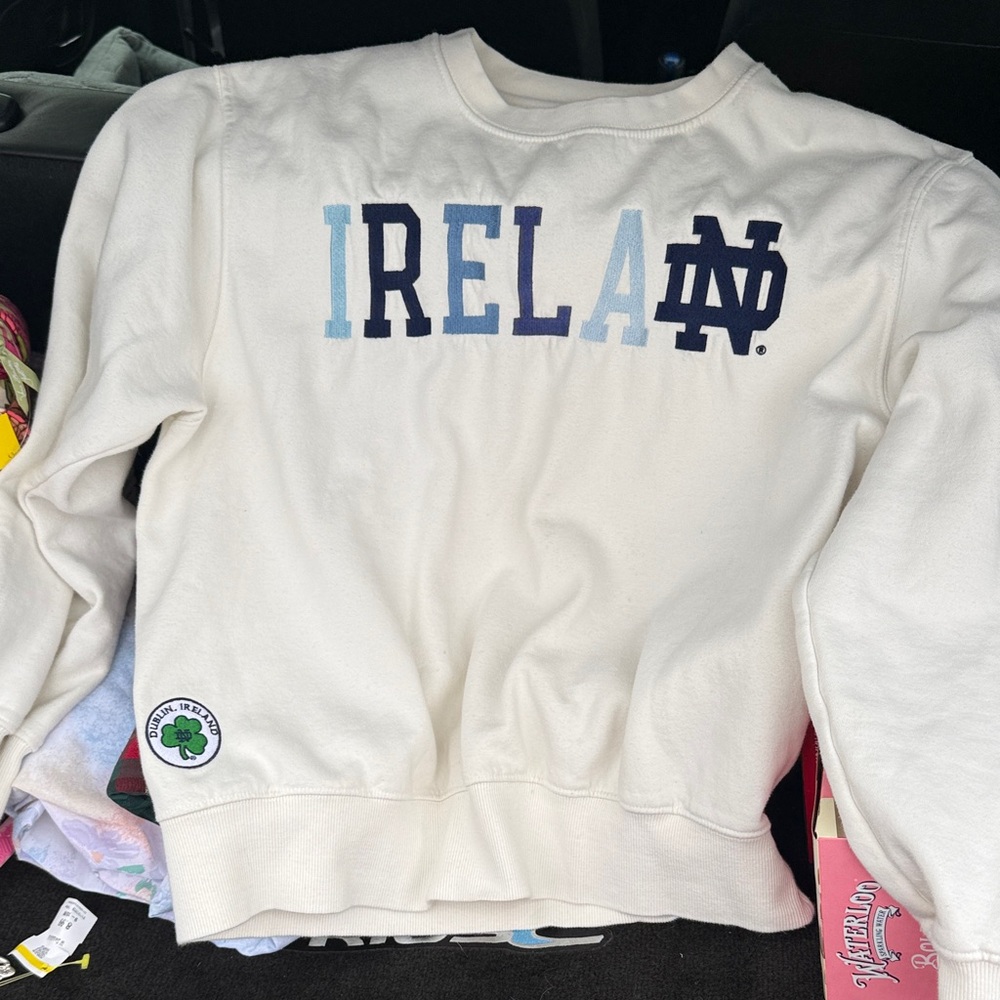 Classic White Crewneck Sweater with Ireland and ND Design